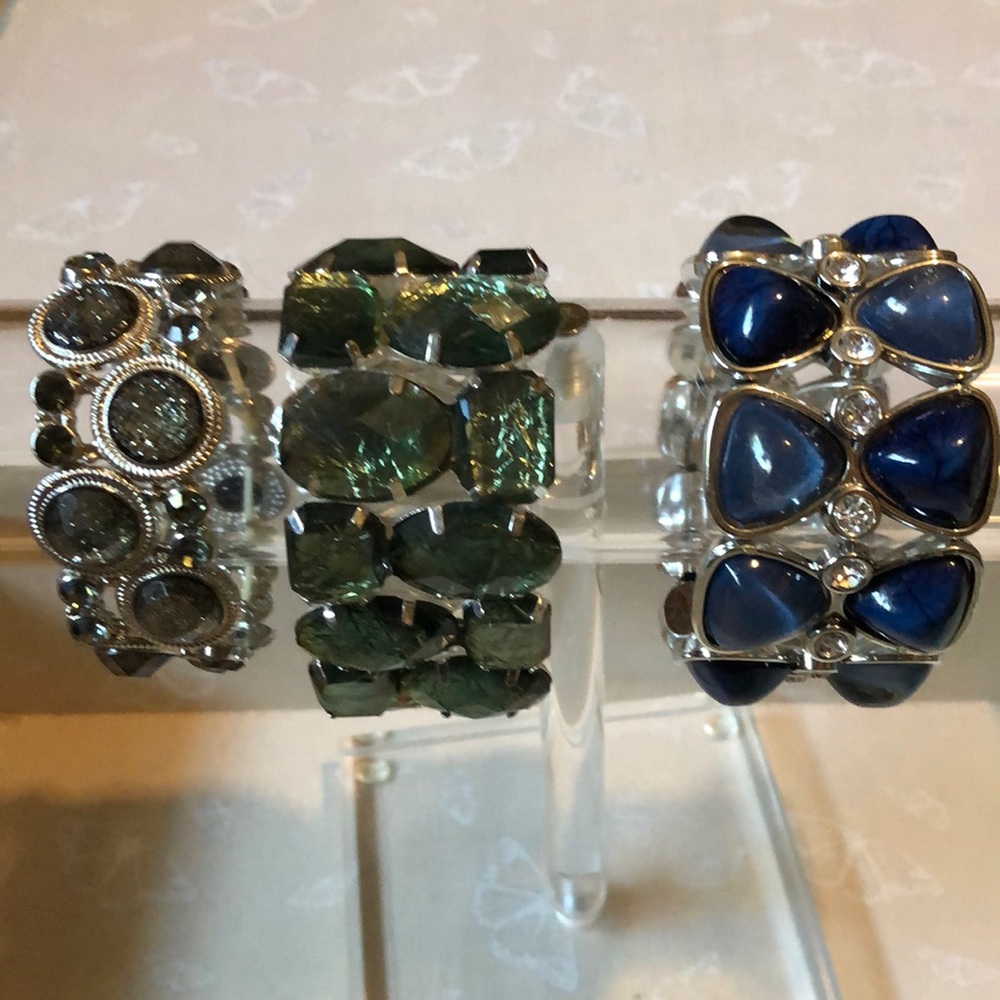 3 statement bracelets in blue green and gold